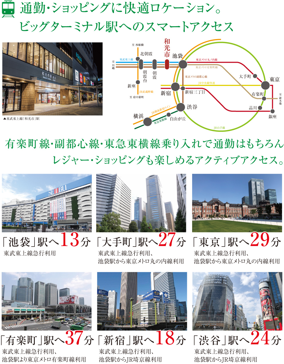 都心へスマートアクセス！！主要駅へ30分圏内！有楽町線・副都心線・東急東横線乗り入れで通勤はもちろんレジャー・ショッピングも楽しめるアクティブアクセス。